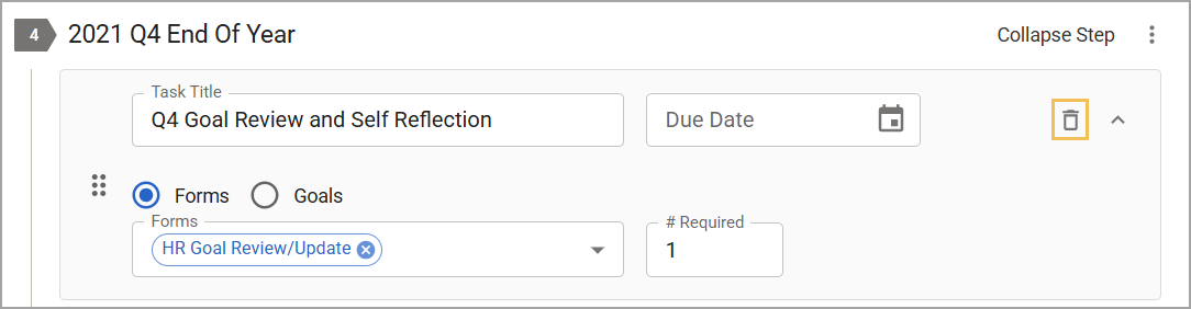 Task for goal review and self-reflection with the Delete icon highlighted.